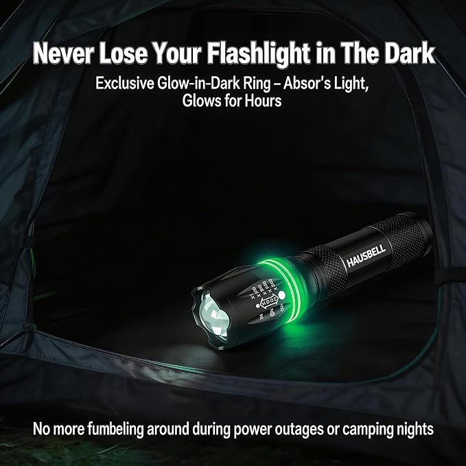 HAUSBELL T8 A100 2000 Lumen Flashlight 2 Pack with Glow-in-Dark Ring, Heavy-Duty Aluminum Tactical Flashlights High Lumens, 5 Modes Zoomable Waterproof LED for Emergency Camping Hiking Home Use