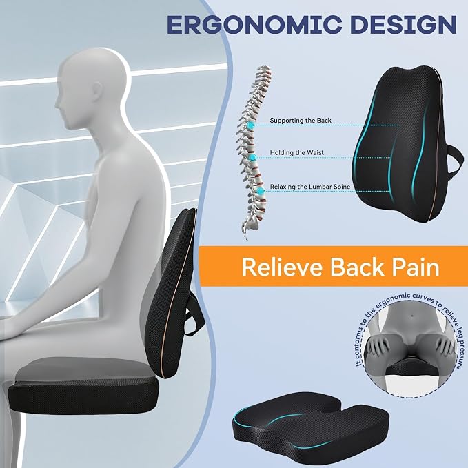 Car Seat Cushion with Lumbar Support, Memory Foam for Long Driving | 3D breathable mesh, 60D memory foam, non-slip base and adjustable strap; for cars, trucks, office and gaming chairs, black