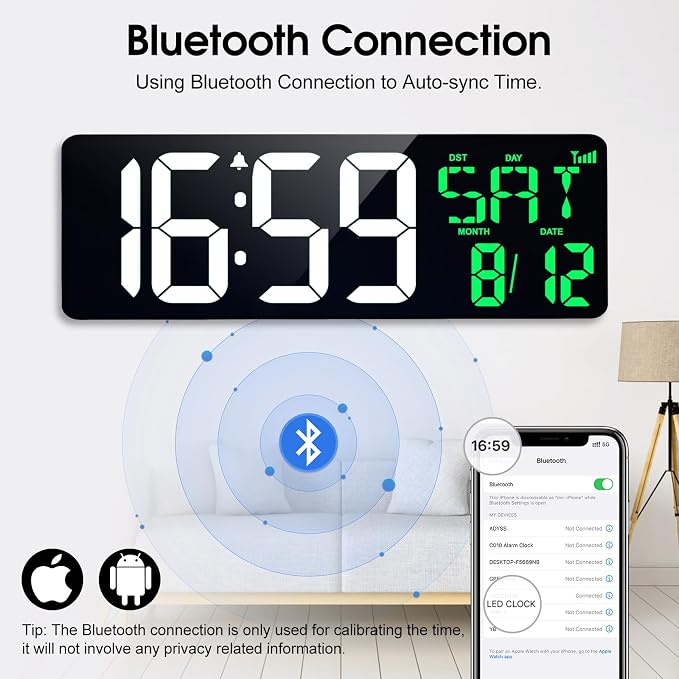 17 Inch Digital Wall Clock Large Display Bluetooth Sync Time, Auto-Dimming Large Digital Wall Clock with Remote, Date/Week/Temperature/DST, Plug-in Digital Clock for All Spaces Use, Gift