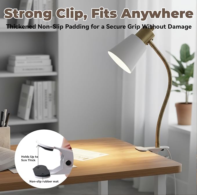 Desk lamp Eye-Caring Table Lamps, 360°Rotation Gooseneck Clip on Lamp Reading Light, Portable Reading Book Light, Clamp Light, Study Desk Lamps for Bedroom and Office Home Lighting (Black and White)