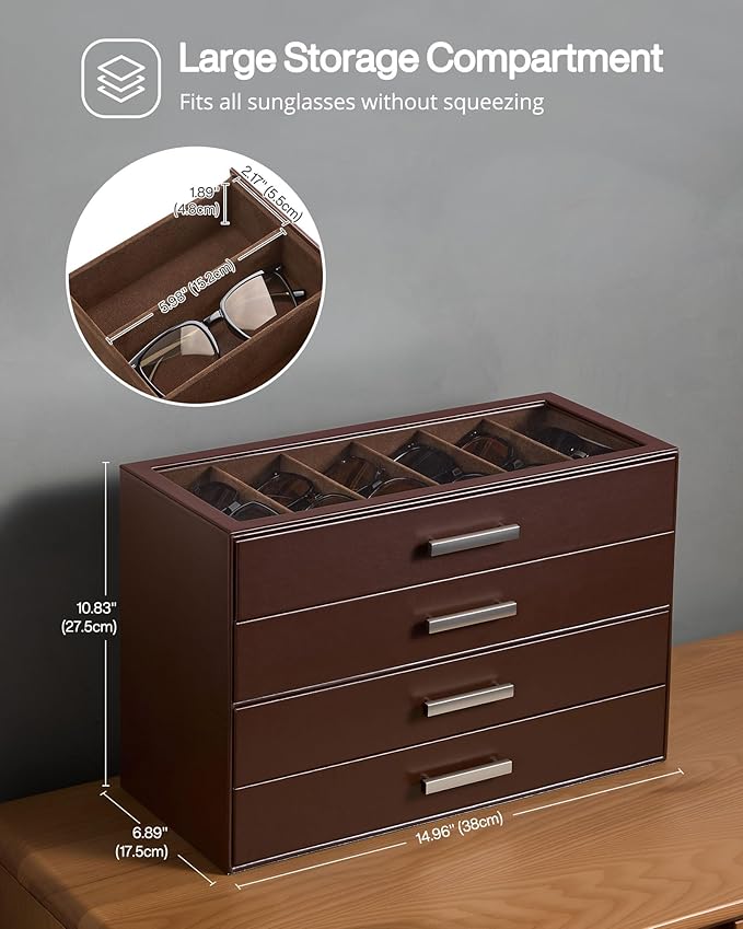 ProCase Sunglasses Organizer Box with Clear Glass Lid, PU Leather Eyeglass Storage Display Case for Men and Women