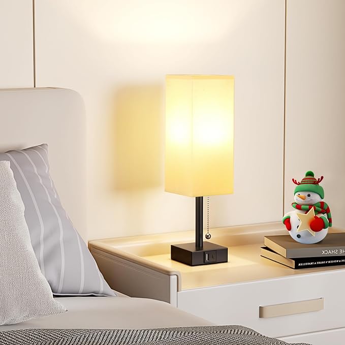 Set of 2 White Bedside Table Lamps for Bedroom - Nightstand Lamp, USB C+A | Pull Chain Lamp, 3 Color Modes(3000K/4000K/5000K), E26 LED Bulb Included, Square White Fabric Lampshade, for Read, Work, Dorm