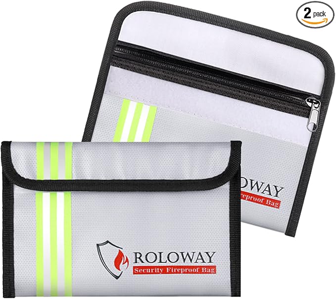 Small Fireproof Bag (5 x 8 inches) with Reflective Strip, Non-itchy Fireproof Money Bag for Cash, Valuables, Passport, Currency & Keys (2-Pack Silver)