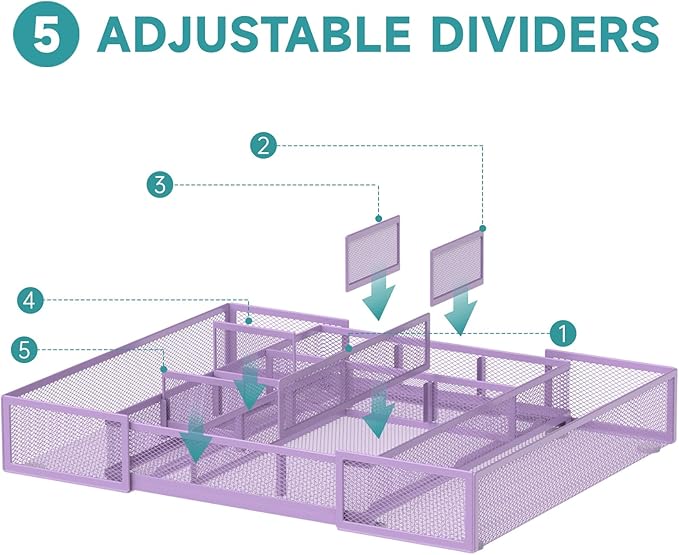 Expandable Desk Drawer Organizer Tray with 10 Adjustable Compartments, Metal Mesh Office Drawer Organizer, Versatile Desk Organizer for Home, School Supplies, Makeup Vanity & Jewelry (Purple)
