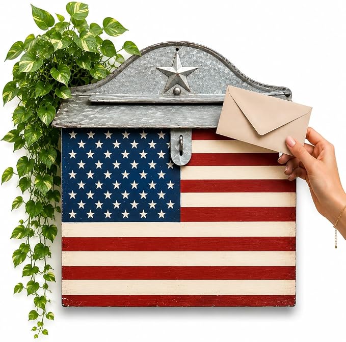 Vintage Americana Post Box Wall Decor – Rustic Farmhouse Mailbox, Patriotic Hanging Wall Accent, Decorative Metal Mail Holder for Entryway, Porch & Home Décor