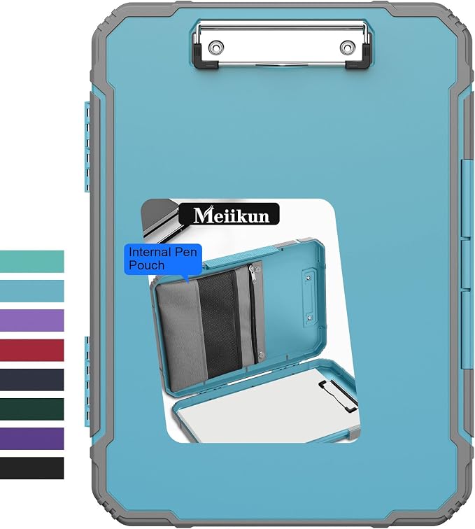 Meiikun Clipboard with Storage, Rugged Shockproof Protective, Internal Pen Pouch & Metal Clip, Heavy Duty Plastic Clip Boards 8.5x11, High Capacity Contractor Folder for School Office (Light Blue)