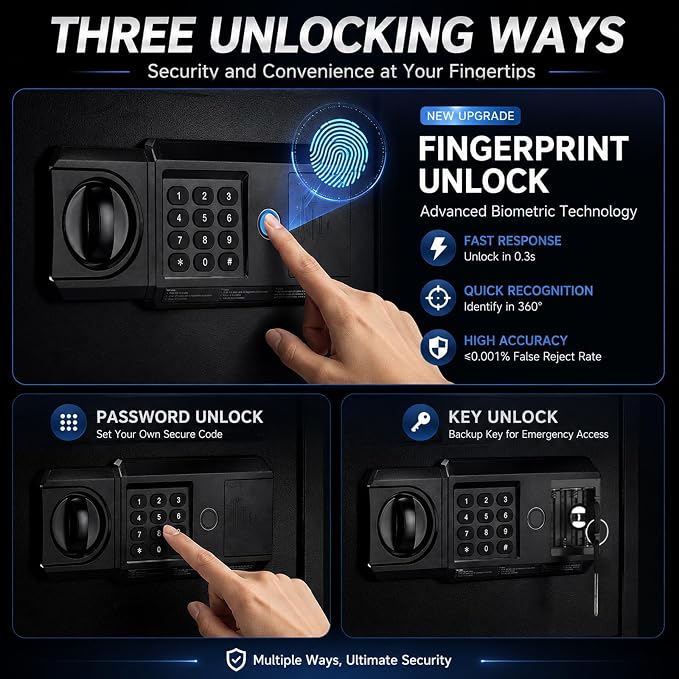 Large Biometric Fireproof Safe, 6.0 Cub Fingerprint Safe for Home Office | Quick Fingerprint Unlock, Anti-Theft Alarm, Mute Mode, Anchor Design, Sensor Light, Removable Shelf
