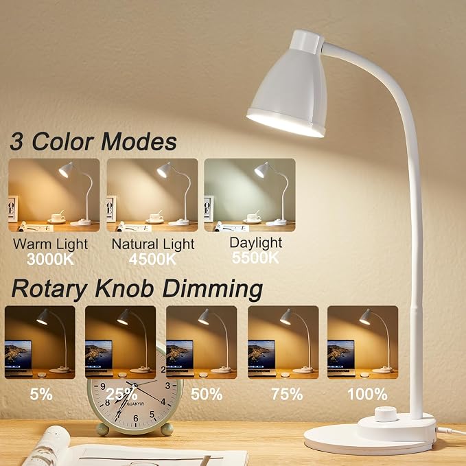 BOHON LED Desk Lamp with USB Charging Port, 3 Color Modes Dimmable, White | Reading Lamp, Auto Dimming Task Lamp, Flexible Neck Table Light for Dorm Bedside, Adapter Include