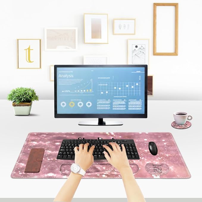 ToLuLu Extended Gaming Mouse Pad, Memory Foam Ergonomic Keyboard Mouse Wrist Rest Support Set, Large Desk Mat with Stitched Edges, Non-Slip Base Mousepad for Home Office Game, Pink Stay Positive