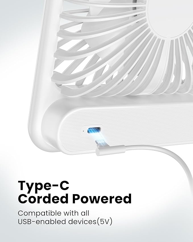 Koonie USB Desk Fan, Strong Wind Ultra Quiet Small Mini Fan | 180° Tilt Folding & 3 Speeds Adjustable, USB-C Corded Powered Personal Fan for Office Desktop Bedroom, White, NO BATTERY