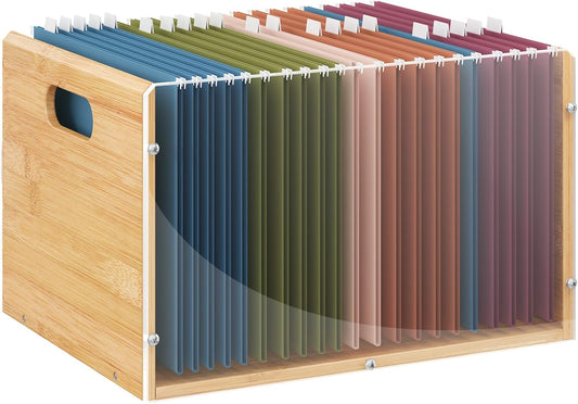 Letter/Legal Bamboo Acrylic File Box Organizer, Hanging File Folder Storage Boxes, Decorative Document Crate Transparent Filing Bin with Handle for Home Office Desk
