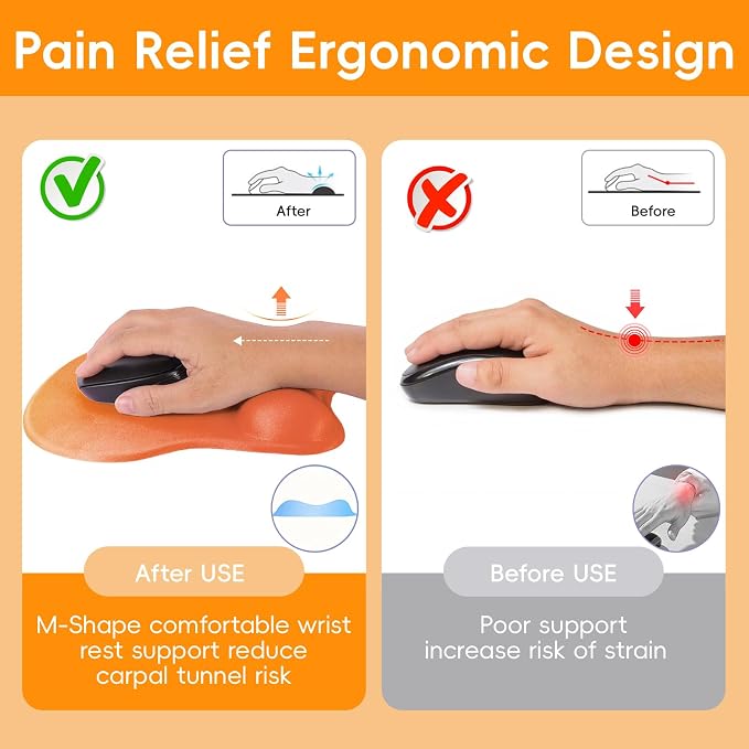 Mouse Pad with Wrist Rest Ergonomic Mouse Pad with Comfortable M-Shape Pain Relief Wrist Support Non-Slip PU Base Mousepad for Laptop, Office & Home (Gradient Orange)