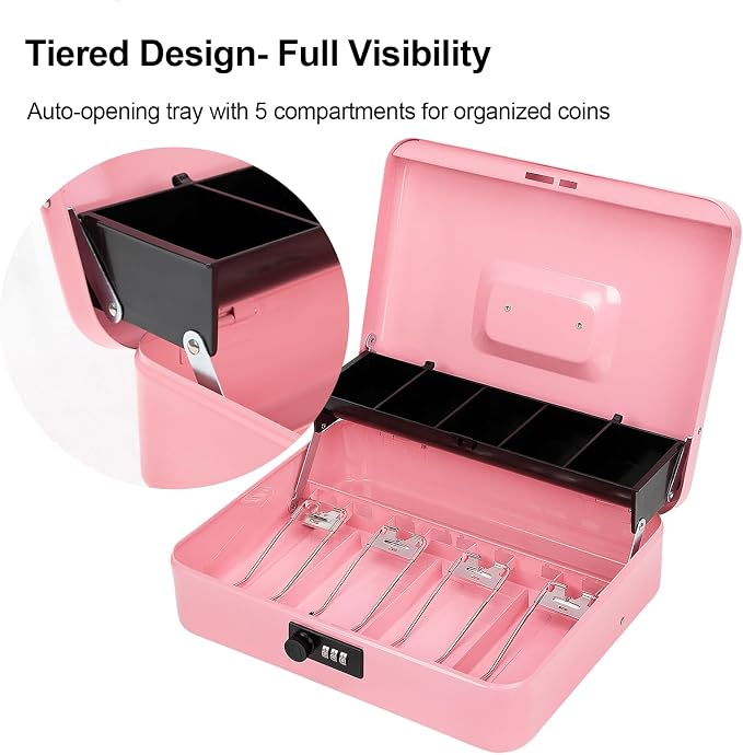 Jssmst Cash Box with Money Tray and Lock - Pink Cash Box with Combination Lock Safe Large, Locking Cash Register Drawer Box for Money, 11.8'' x 9.5'' x 3.5'', SM-CB005PC