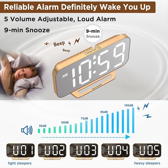 Peakeep Slim Digital Mirror Aesthetic Alarm Clock for Bedrooms Desk Decor - Plug in Electric Big LED Modern Small Clock for Office Living Room, Battery Backup, 6 Dimmers (Gold)