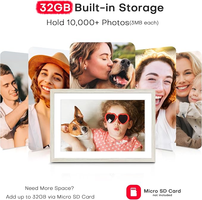 Frameo 10.1" Digital Picture Frame WiFi Wood, 1280 * 800 IPS HD Touchscreen, 32GB Storage, Instant Share Photo Video, Gifts for Mom, House Warming