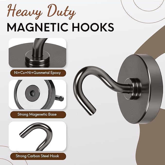 Neosmuk Magnetic Hooks, Heavy Duty 85lb+ Strong Magnet Hook for Cruise Cabins, Cruise Essentials 2026 for Hanging, Metal Wall Refrigerator Hangers (Gunmetal, 10 Pack)