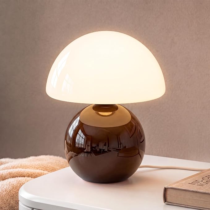 Mushroom Lamp Table Lamp for Bedroom-Small Desk Table Lamps,Coffee | 8.7" Mid Century Modern Table Lamps for Living Room Bedroom Decor,Cute Ceramic Lamps for Mushroom Home Room Decor,Glass Shade