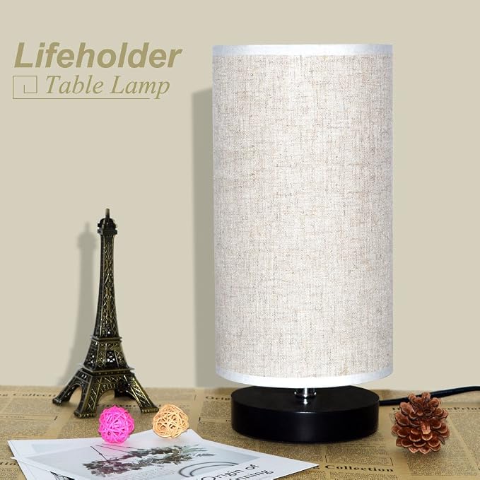 lifeholder Table Lamp, Bedside Nightstand Lamp, Simple Desk Lamp, Fabric Wooden Table Lamp for Bedroom Living Room Office Study, Cylinder Black Base
