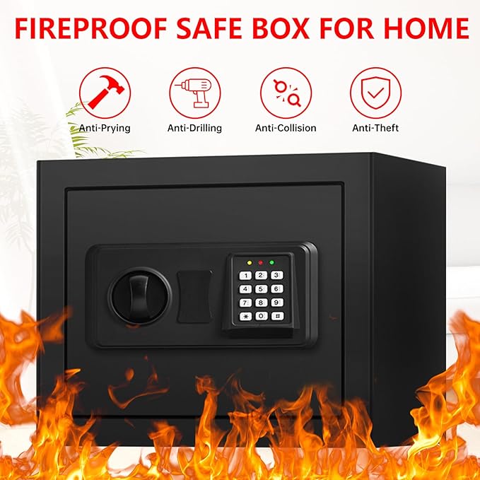 1.3 Cuft Small Fire Safe for Home Use, Anti-theft Fire Proof Safe Box with Digital Keypad, Spare Keys and Removable Shelf, Security Safes Fireproof Waterproof for Document Money Valuables