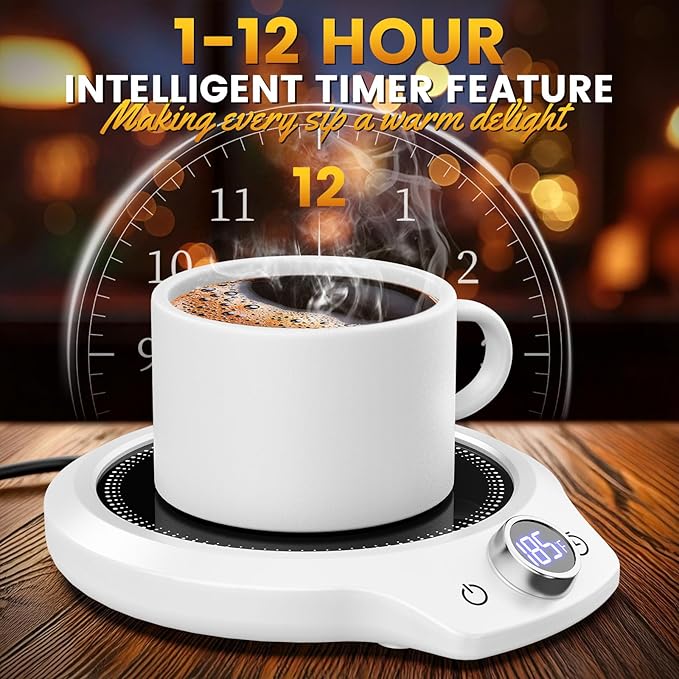 Fast Heating Mug Warmer - 4 Temp Settings & 1-12H Timer, Coffee Cup Warmer Plate for Desk Auto Shut Off, Ideal Beverage Warmer Gift for Coffee, Tea, Milk (White)