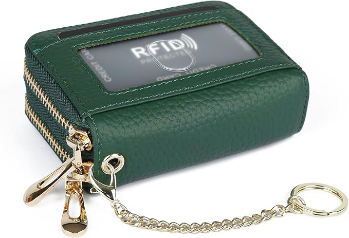 imeetu RFID Credit Card Holder, Small Card Wallet Women, Leather Card Case | Genuine Leather Women's Card & id Cases, Change Coin Purse with Zipper Keychain id Window, 20 Colors & 3 Styles, Daily, Gifts
