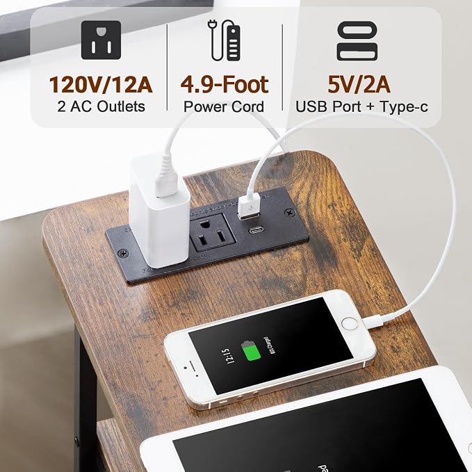 Narrow End Table with Charging Station, Small Nightstand | Skinny Side Tables Living Room with 3 Fabric Drawers, Bedside Table with LED Lights for Bedroom, Small Spaces, Rustic Brown