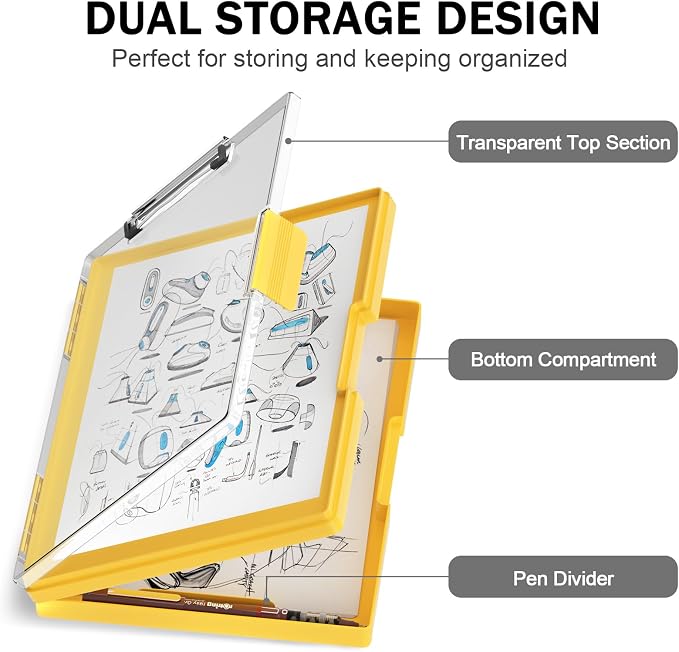 Rimilak Clipboard with Storage,8.5x11 2 Compartment Clip Board, Yellow | Smooth Writing, Side-Opening Plastic Folder with Pen Holder, Size 13.3 x 9.4 x 1.5″,for Classroom, Teacher, Student