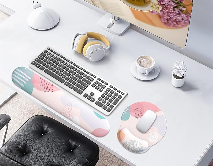 Mouse Pad Wrist Support, Ergonomic Memory Foam Keyboard Wrist Pad & Gel Wrist Rest Set for Computer Keyboard for Easy Typing & Pain Relief for Office & Home (Floral Fantasy Set)