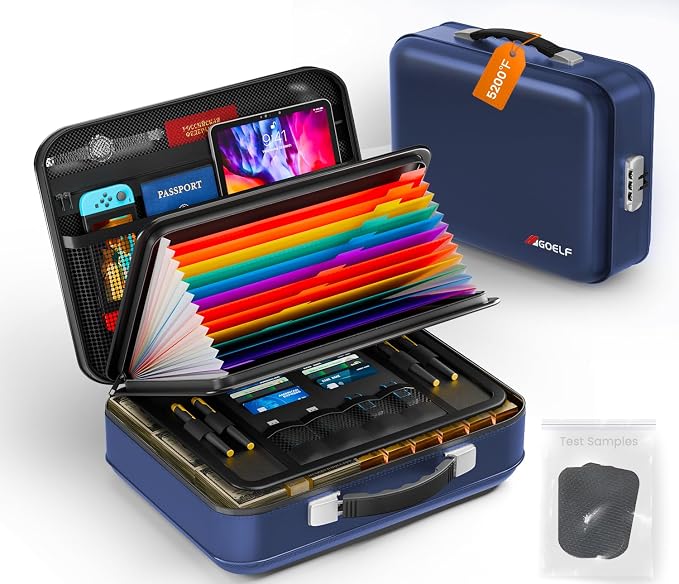 Fireproof Document Box with Lock, 5200°F Fireproof Water Resistant Hard Case File Organizer Safe Box for Important Documents, Certificates, Laptop, Passports (Blue)