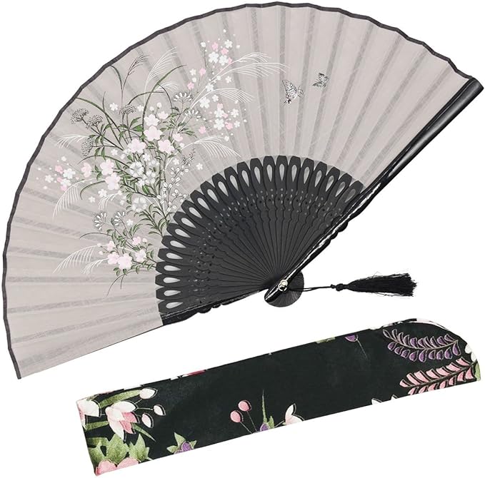 OMyTea® "Grassflowers 8.27"(21cm) Hand Held Folding Fans - With a Fabric Sleeve for Protection for Gifts - Chinese/Japanese Vintage Retro Style (Gray)
