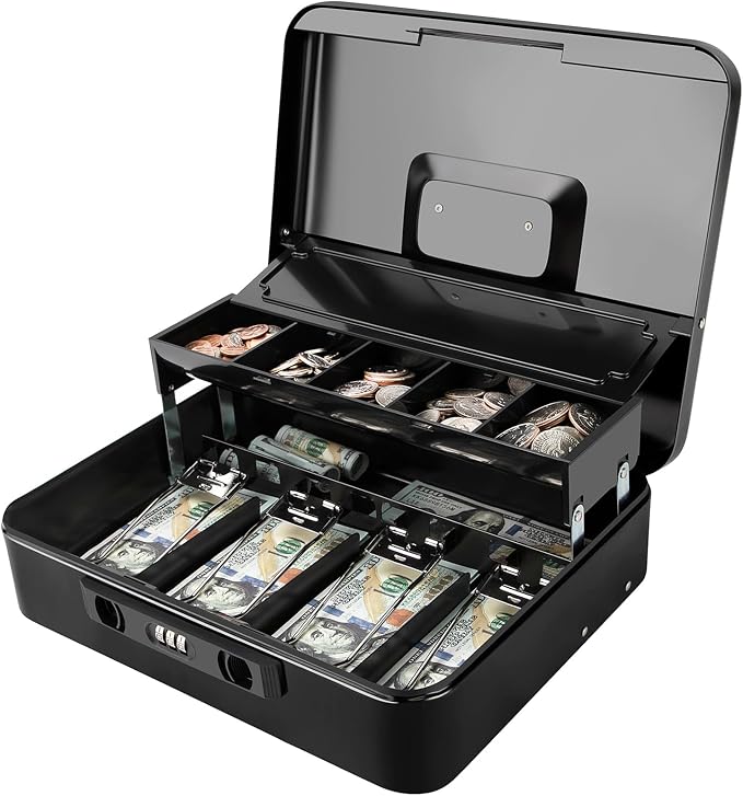 Jssmst Cash Box with Sliding Coin Lid and Snap Latch Combination Lock - Portable Cash Box with Money Tray and Lock, Secure Locking Money Box for Cash Organizer, 11.8L x 9.5W x 3.5H Inches, Black