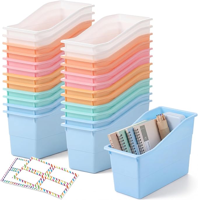 Blosssound 24 Set Book Bins for Classroom Stackable,Cloud Pastel | Plastic Baskets with Labels, Slanted Front, Library Supplies Organizers, Desktop Storage Bins, Teachers Home School Use
