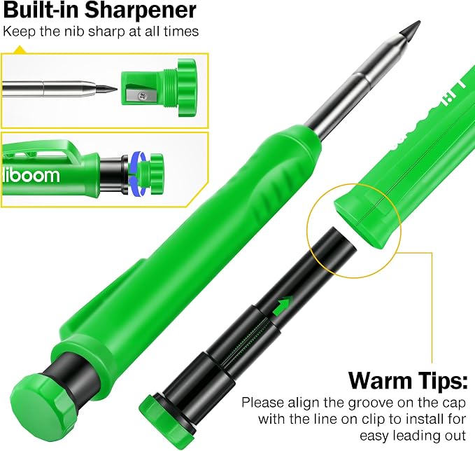 Hiboom Mechanical Carpenter Pencil with 7 Leads, Deep Hole Marker, Green | Built-In Sharpener, Long Nose Construction Pencil, Pocket Clip Design, Woodworking Tools, Marks on Various Surfaces
