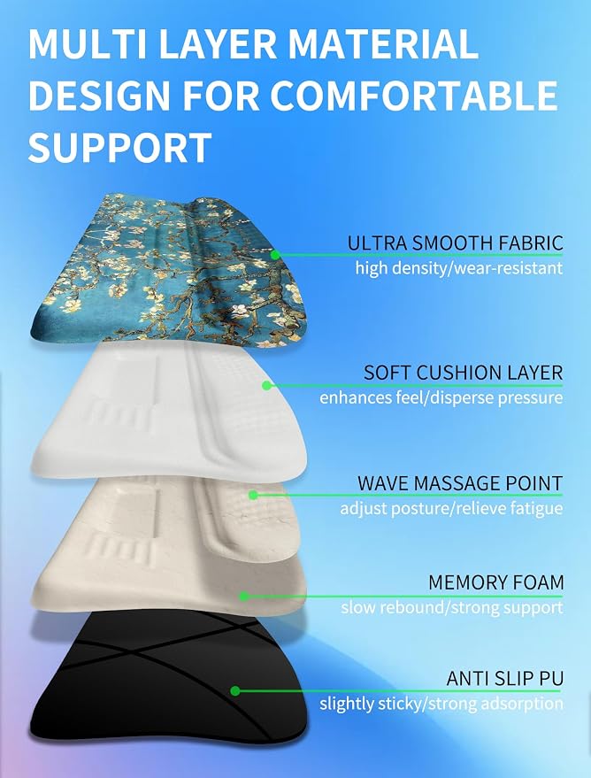 Ergonomic Wave Wrist Rest with Keyboard Stand, Cushioned Palm Rest, Comfortable Integrated Memory Foam for Natural Typing and Relieve Wrist Pain, Van Gogh Apricot Blossom