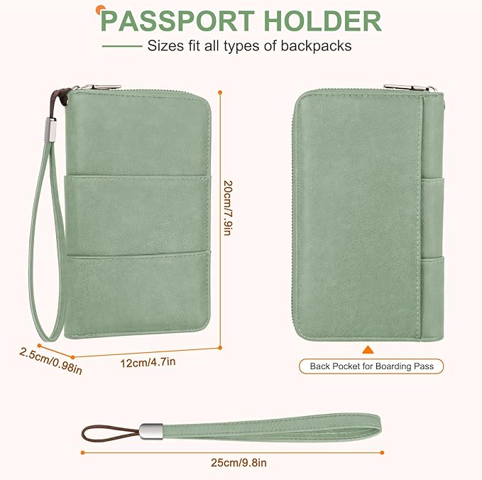 RFID Family Passport Holder Wallet - Travel Document Organizer | PU Leather, with Wristlet, Zipper, Cards, Boarding Pass, ID, Cash, Ticket Pockets,Travel Essentials Gifts for Women Men