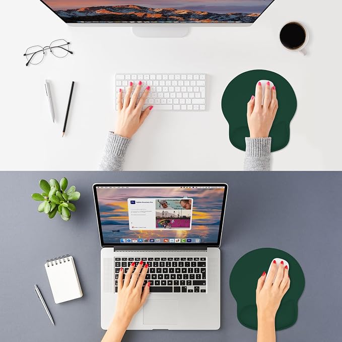 ITNRSIIET Ergonomic Mouse Pad with Wider Memory Foam Wrist Rest +17% - Curved Cushion Reduces Pressure 20%, Pain Relief, Non-Slip, Smooth, Cute Colors, 9.85 x 9 in, Deep Green