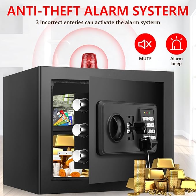 1.3 Cuft Small Fire Safe for Home Use, Anti-theft Fire Proof Safe Box with Digital Keypad, Spare Keys and Removable Shelf, Security Safes Fireproof Waterproof for Document Money Valuables