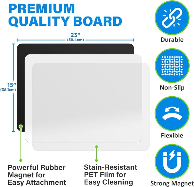 23x15” Magnetic Dry Erase White Board for Fridge w/ 3 Markers & Eraser | Yes4Quality Stain-Resistant Whiteboard Planner Organizer Sheet, Sticks to Most Refrigerators, Colorful Markers, Magnet Eraser