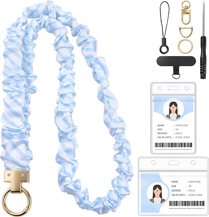 Prudiut Scrunchie Lanyard for ID Badges, Retractable Teacher Lanyards Stretchy Scrunchie Lanyard with ID Holder for Women (Stripe)