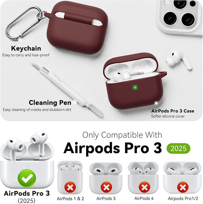 for AirPods Pro 3 Case 2025,Come with Cleaner Kit,Wine Red | Silicone Protective Cover for Airpod Pro 3rd Generation Case with Keychain,for Women Men,One-Piece Design,Shockproof