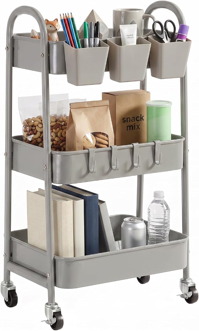 3-Tier Rolling Cart, Metal Rolling Storage Cart with Lockable Wheels & Hanging Cups & Hooks, Mobile Trolley Cart for Kitchen, Bathroom, Office, Workshop, Gray