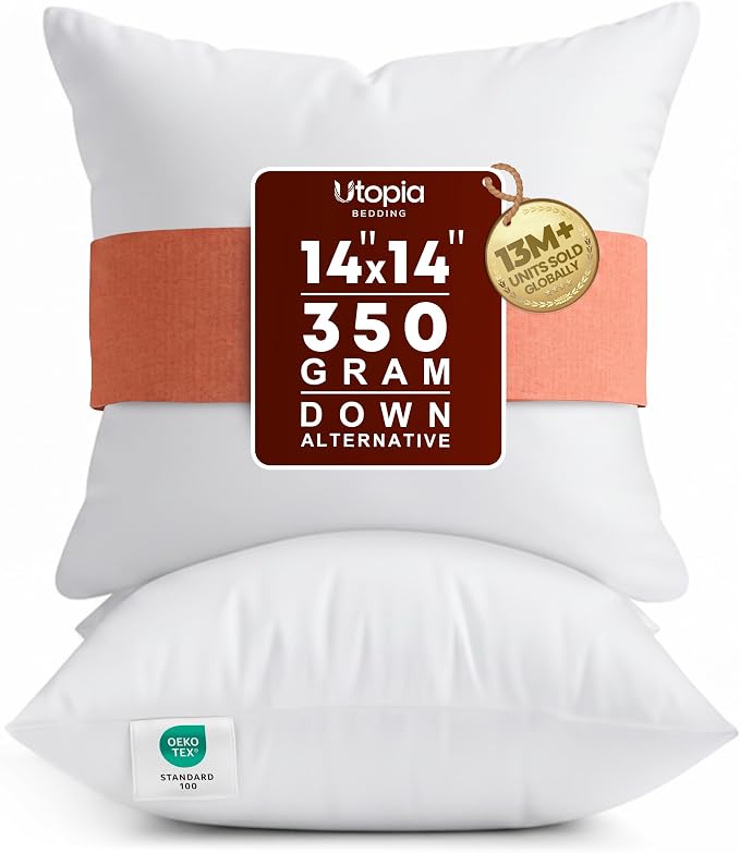 Utopia Bedding 14x14 Pillow Inserts, White Throw Pillows for Couch, 2 Pack | Indoor cushion inserts for bed, sofa & couch, Supportive & fluffy decorative pillows for everyday comfort, Set of 2, White