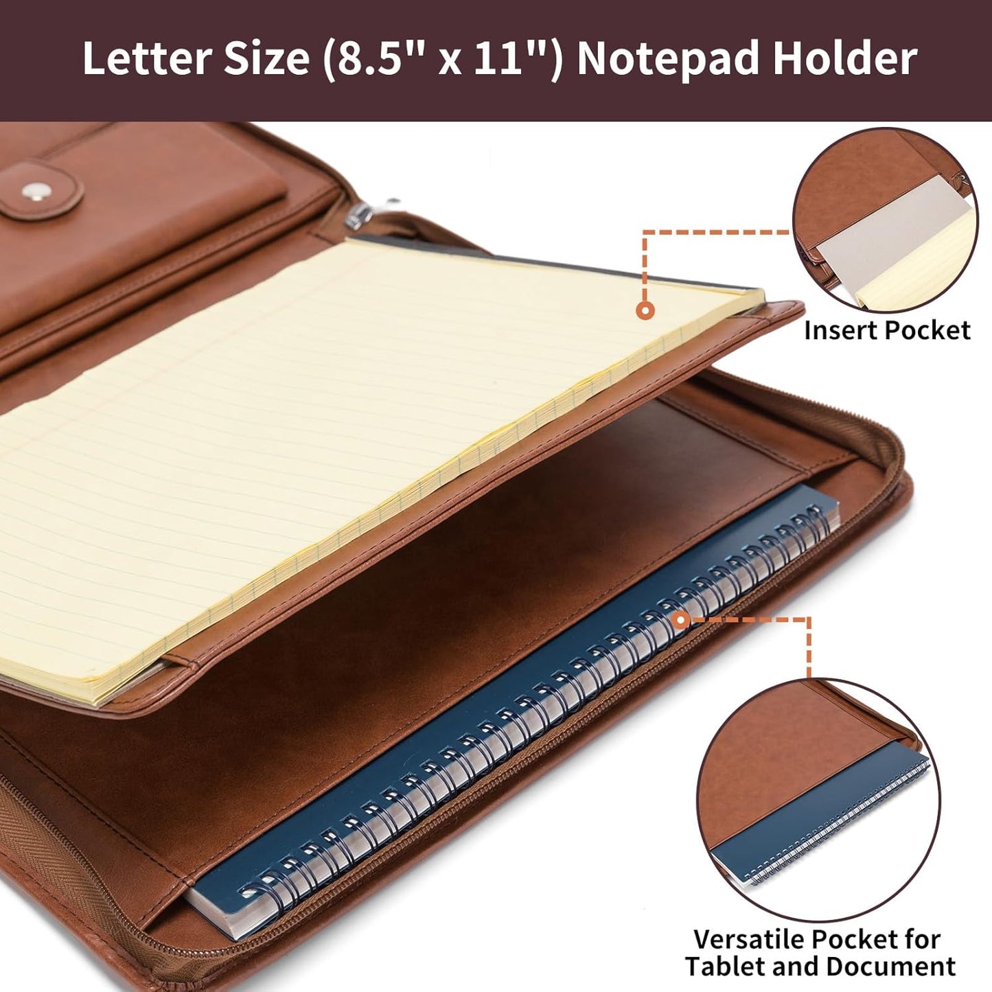 Vegan Leather Portfolio with Front Pocket for Men and Women, 8.5 x 11 Legal Pad Notepad Holder, Zippered Business Organizer, Professional Executive Letter Notebook Folder for Work, Brown