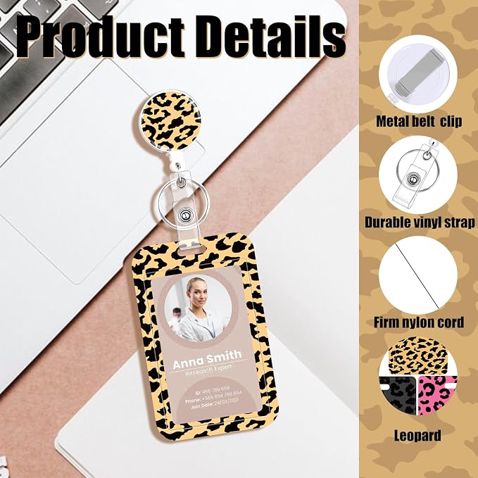 3 Set ID Badge Holder with Retractable Reel, Leopard Retractable ID Badge Holders with Clip Name Badge Holders for Teacher Nurse Doctor Student Office Gift for Coworkers