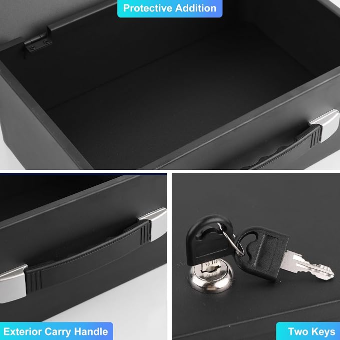 Fireproof Document Box with Key Lock, Portable Metal Safe Box with Carrying Handle to Secure Money, Jewelry, Document, Passport, Size 12.7 x 8.7 x 4.6 Inch