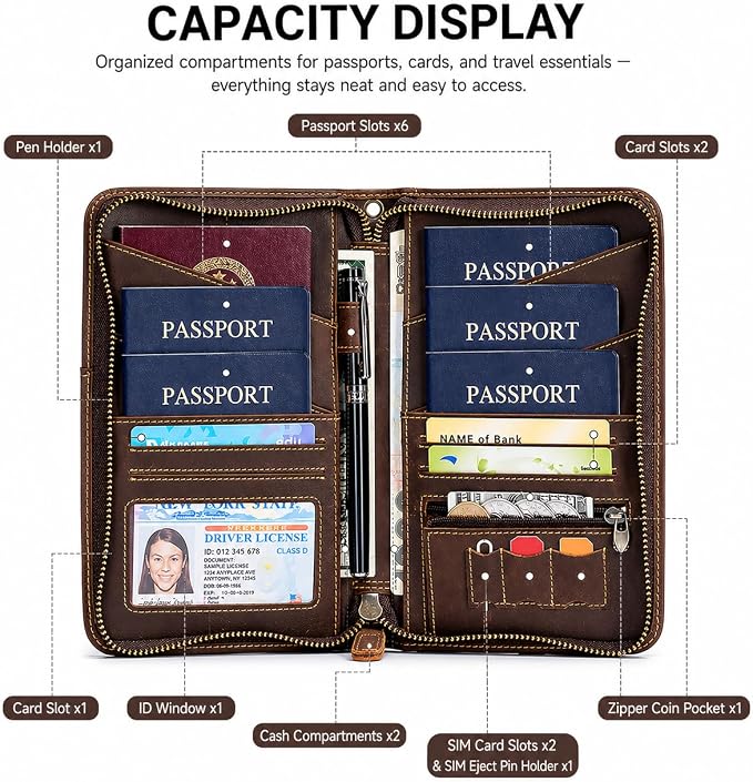 Crazy Horse Leather Passport Holder for Travel Family, Family Passport Holder for 6, Multiple Passport Holder Organizer, Leather Passport Wallet with Card Slots, Zipper Passport Wallet for Men Women