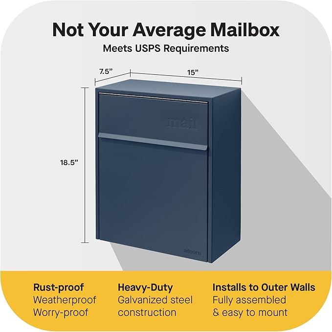 Adoorn Lockable Wall Mount Mailboxes for Outside - Large Anti-Theft Locking Mailbox for Letters - Weatherproof Construction - Durable Steel - 18.5" H x 15" L x 7.5" D - Navy