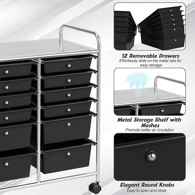 COSTWAY 12-Drawer Rolling Storage Cart, Moveable Art Craft Organizer | Lockable Wheels, Metal Shelf, Files Arrangement Tools Makeup Storage Cart for Office, Home, School (Black)