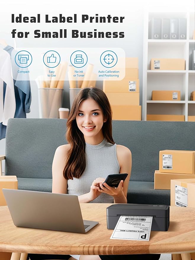 Shipping Label Printer 4x6, Bluetooth Thermal Label Printer for Small Business, Warehouse or Home Office, Compatible with Windows iOS Android Mac, USPS Amazon Ebay Etsy Black