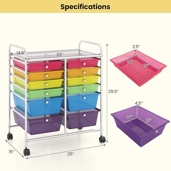 BECOMFORT 12-Drawer Rolling Cart with Drawers, Storage Cart on Wheels, Teacher Classroom Organizers with Metal Frame, Mobile Craft Cart, Trolley Utility Cart for School Office Play Room